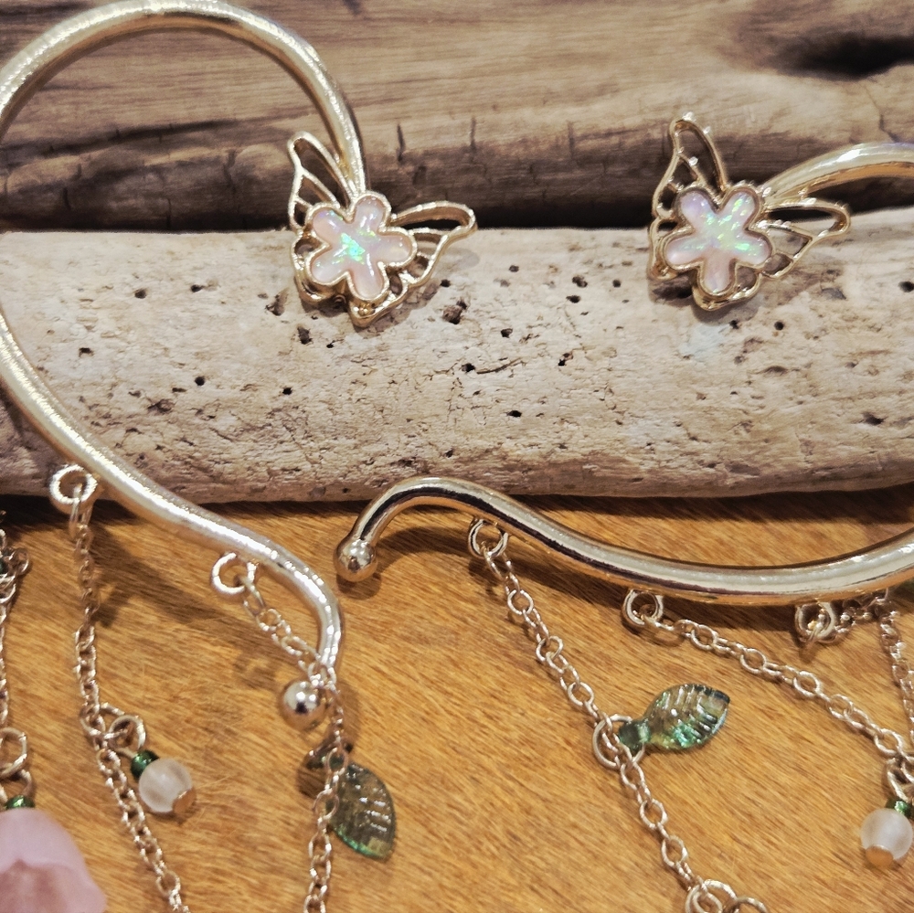 Gold Tone Butterfly And Flower Ear Cuff Set - Picture 4 of 4